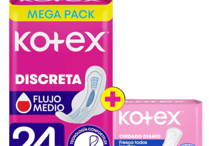 Toalla Kotex Discreta Mega Pack 24 Und + 15 Protectores