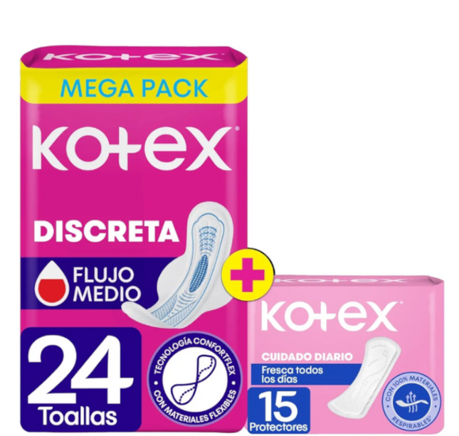 Toalla Kotex Discreta Mega Pack 24 Und + 15 Protectores