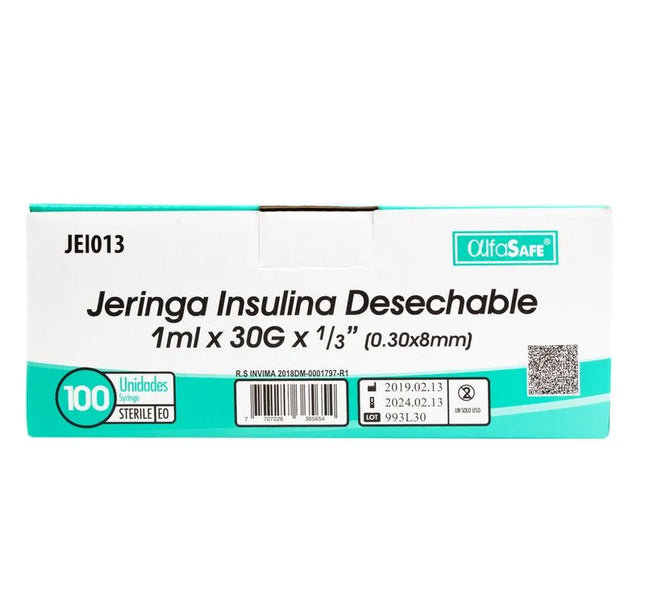 Jeringa Alfa Insulina 1 Cc 30Gx 1/3 8Mm 100 Und