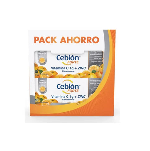 2 Cebion Naranja Forte +Zinc Efervescente 10 Tbs Pack Ahorro