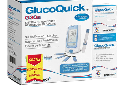 Tiras Glucoquic 50U +Glucometro G30A+Lancetas 50 Unidades