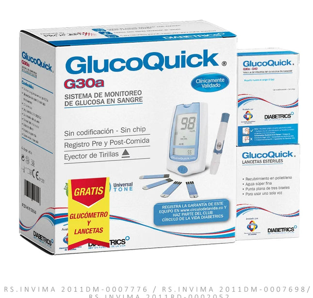 Tiras Glucoquic 50U +Glucometro G30A+Lancetas 50 Unidades