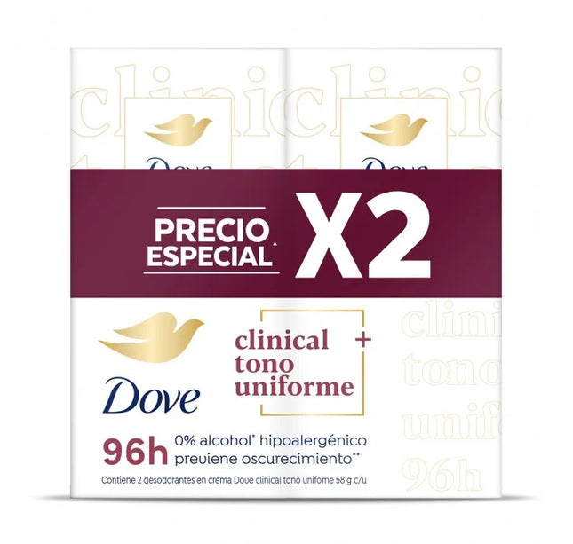 2 Desodorante Dove Clinical Crema Tono Uniforme 58Gr