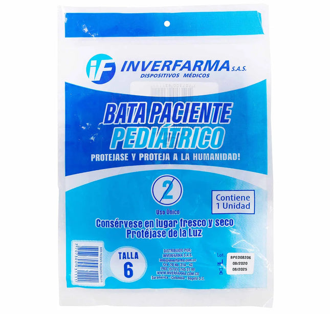 Bata Paciente Azul Pediátrico Manga Larga Talla 6 Inverfarma