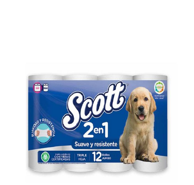 Papel Higiénico Scott 2 En 1 Triple Hoja 12 Rollos